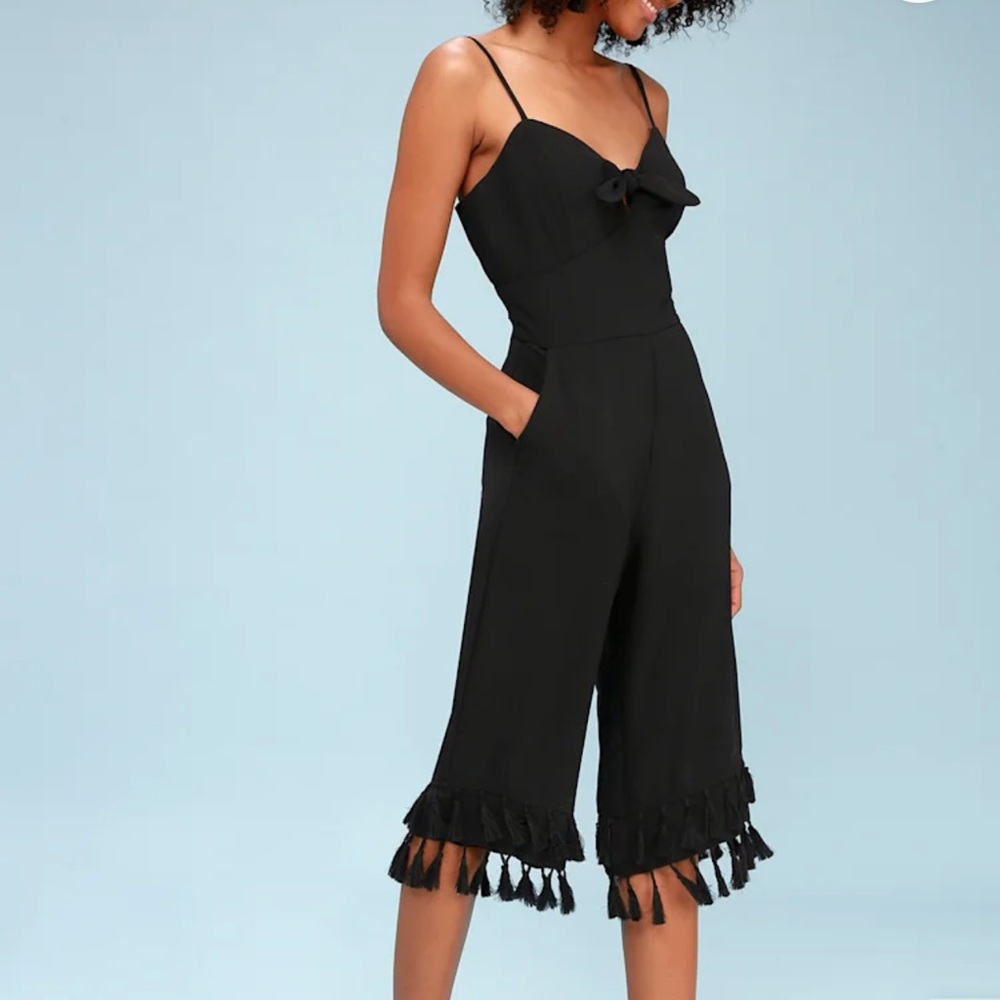 Adelyn Rae Sandy Black Tie-Front Tassel Culotte Wide Leg Jumpsuit Size Large